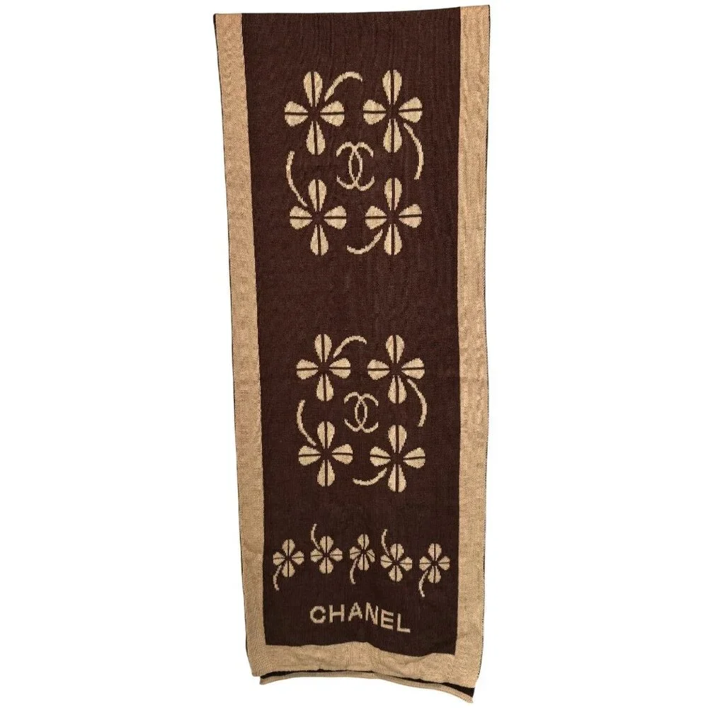 Chanel Brown & Beige Scarf With Four Leaf Clover Pattern - Picture 9 of 9